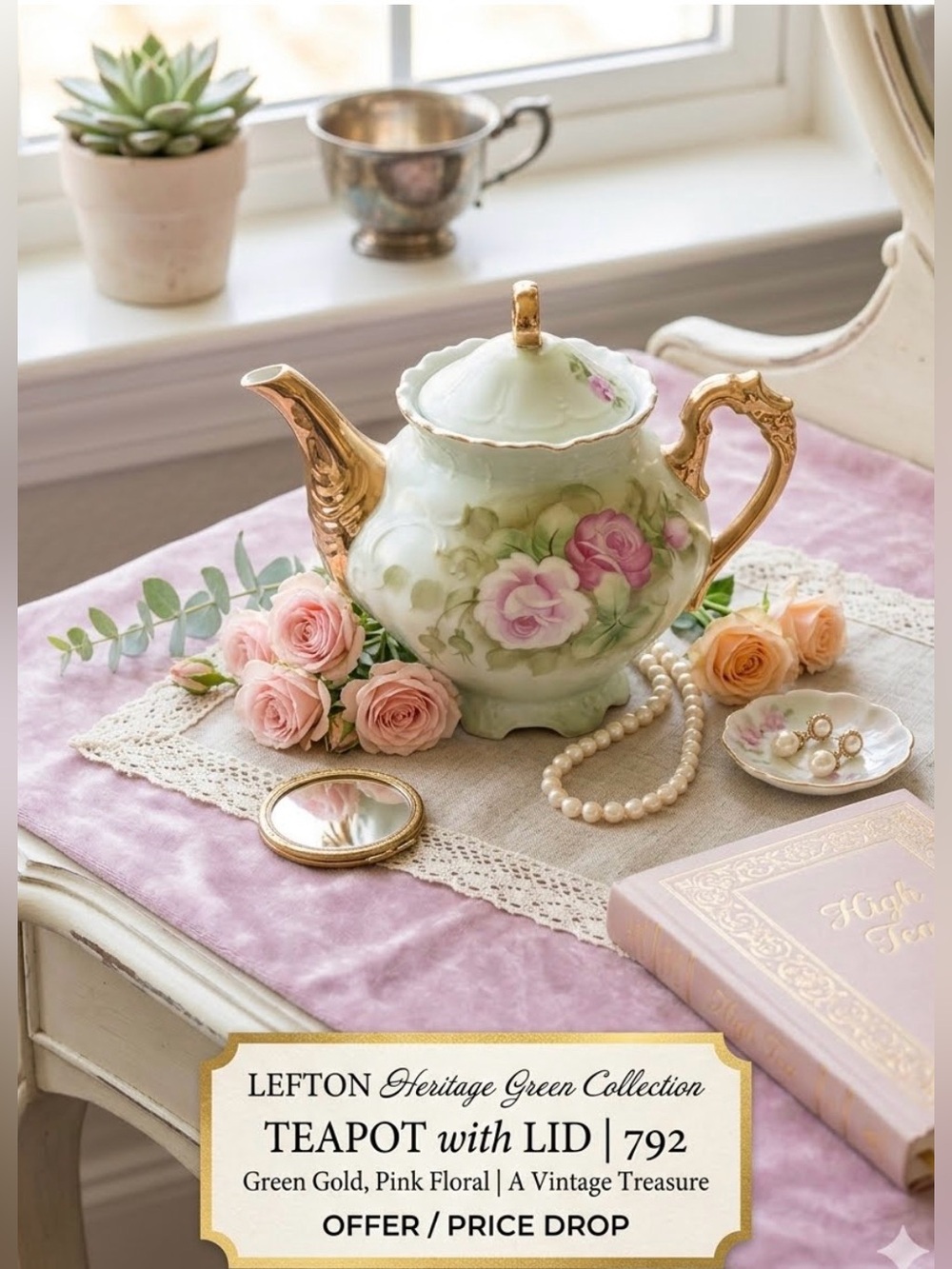 Vintage Lefton China Heritage Green Hand Painted Rose Floral Teapot Heavy Gold